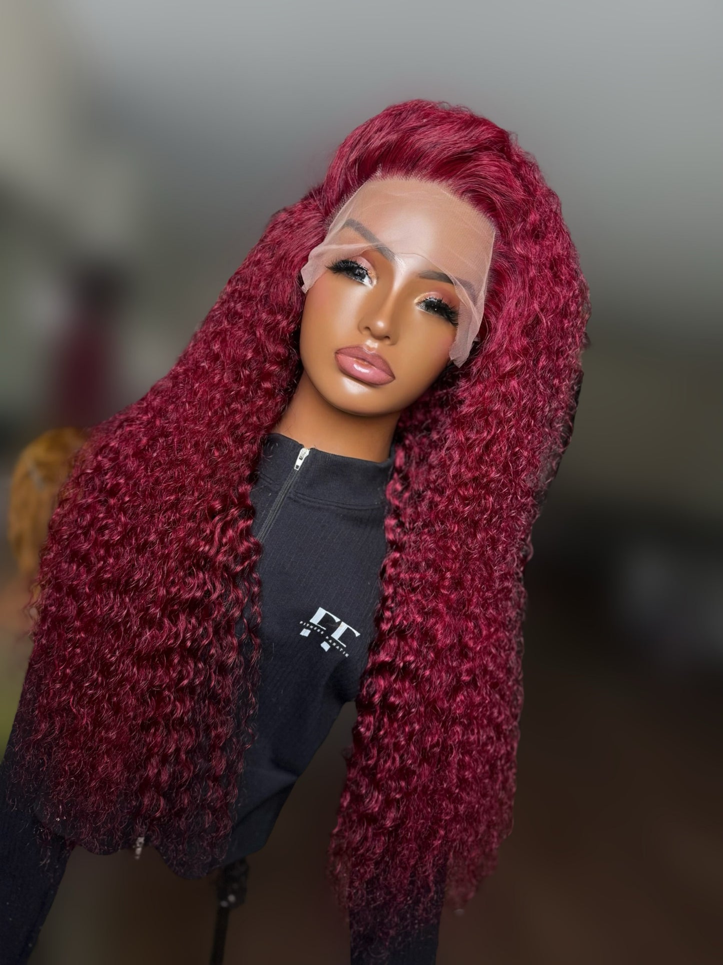 30” red curly frontal wig